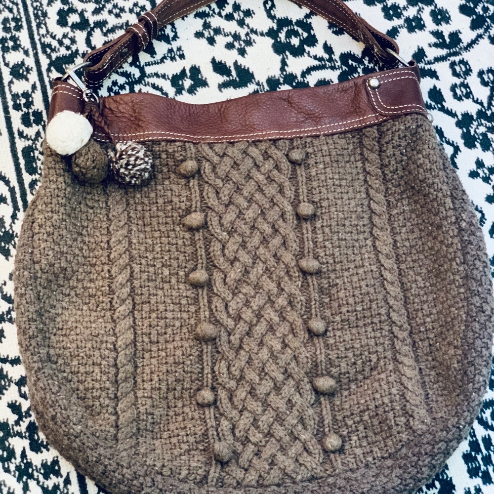 American Eagle Large Brown Boho Sweater Bag w/Poms